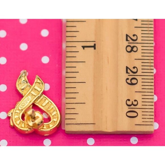 Vintage Heart Ribbon Gold Tone Rose Stud Earrings by Avon - P18 - Picture 2 of 2